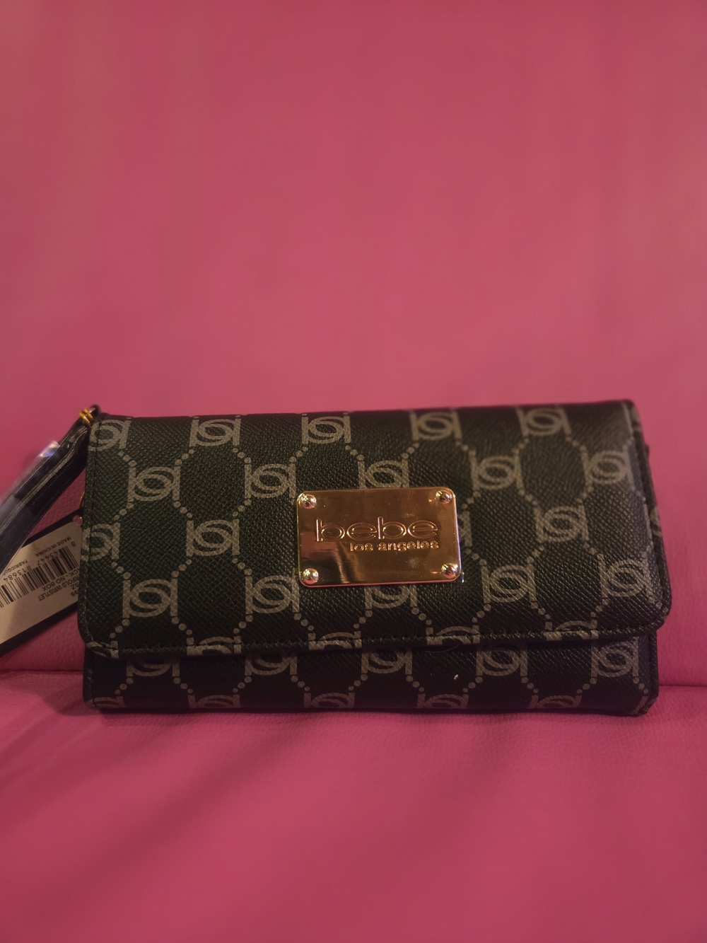 bebe Black Logo Wristlet Wallet with Gold Plaque